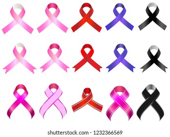 Colorful ribbons in pink, red, blue and black in white background. Pink, symbol of women's breast cancer awareness, red for joy and black for condolences. Vector Illustration.