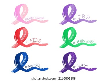 Colorful ribbons with text # Aids, Breast cancer, IBD, Arthritis, Lupus and Mental health. Awarenes concept for support people with serious diseases and solidarity. Hand drawn vector illustration. Set