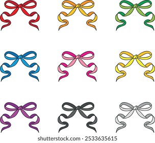 Colorful ribbons tied in bows, arranged in a grid pattern.