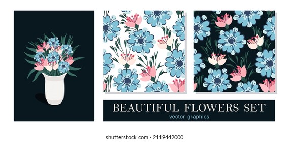 Colorful rich bouquet of flowers in a vase. Simple trendy graphics. Floral decoration set of bouquet and seamless patterns. Vector graphics