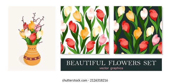 Colorful rich bouquet of flowers in a vase. Simple trendy graphics. Floral decoration set of bouquet and seamless patterns. Vector graphics