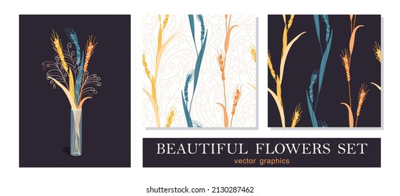 Colorful rich bouquet of flowers in a vase. Simple trendy graphics. Floral decoration set of bouquet and seamless patterns. Vector graphics