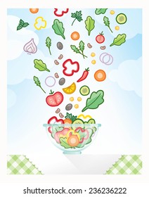 Colorful rich salad with lots of vegetables falling in a bowl