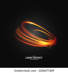 Colorful ring with luminous swirling spirals. Glowing red-orange abstraction on dark background. Brilliant vortex, sparkles waves and swirl. Sparkling neon light effect, shiny magic effects