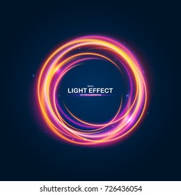 Colorful ring with luminous swirling spirals. Glowing yellow - pink circle with particles. Energy brilliant round frame, sparkles waves and swirl. Sparkling neon light effect, shiny magic effects