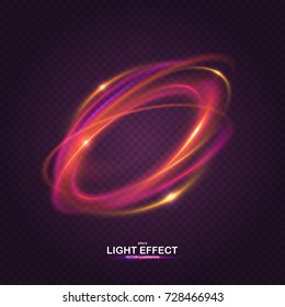 Colorful ring with luminous swirling spirals. Glowing red-pink abstraction on dark transparent background. Brilliant vortex, sparkles waves and swirl. Sparkling neon light effect, shiny magic effects