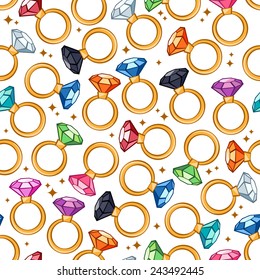 Colorful rings seamless background. Pattern with gemstones and stars.