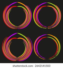 Colorful rings vector. Abstract circular symbol. Bright line element. Neon spiral shape.