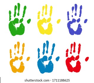 Colorful rints of human hands. Palm imprints set isolated over white. Vector grunge illustration.