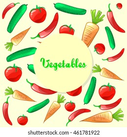 Colorful ripe fresh vegetables pattern. Carrot, cucumber, tomato and pepper. Vector background