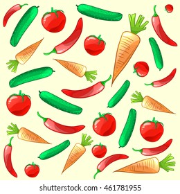 Colorful ripe fresh vegetables pattern. Carrot, cucumber, tomato and pepper. Vector background