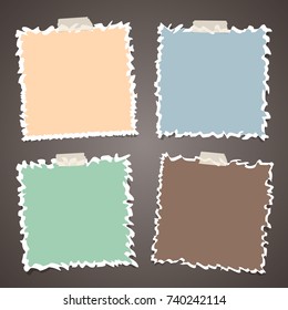 Colorful ripped, notebook, notepad paper sheets, note for text or message stuck with sticky tape on gray background.