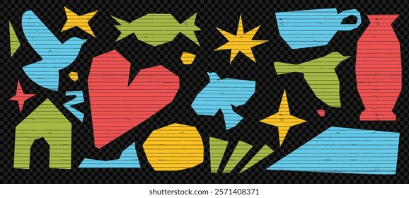 Colorful ripped paper collage with childish cutout elements and naive texture. Vector craft featuring birds, ceramic cup, vase, and torn heart shapes. Transparent bg as a png