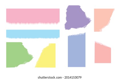 Colorful ripped paper different shapes and various color. Empty torn page chunk pieces with tattered edge. Notebook paper piece or scrapbook. Template memo blank reminder. Isolated vector illustration