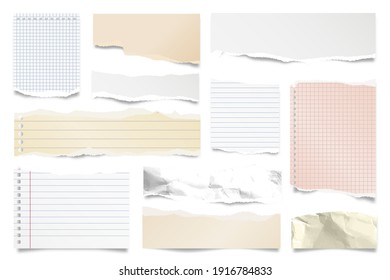 Colorful ripped paper strips isolated on white background. Realistic lined paper scraps with torn edges. Sticky notes, shreds of notebook pages. Vector illustration.