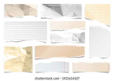 Colorful Ripped Paper Strips Isolated On White Background. Realistic Lined Paper Scraps With Torn Edges. Sticky Notes, Shreds Of Notebook Pages. Vector Illustration.