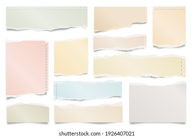 Colorful ripped paper strips isolated on white background. Realistic paper scraps with torn edges. Sticky notes, shreds of notebook pages. Vector illustration.