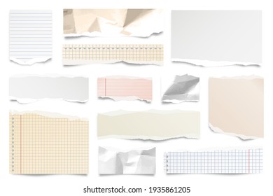 Colorful ripped paper strips isolated on white background. Realistic lined paper scraps with torn edges. Sticky notes, shreds of notebook pages. Vector illustration.