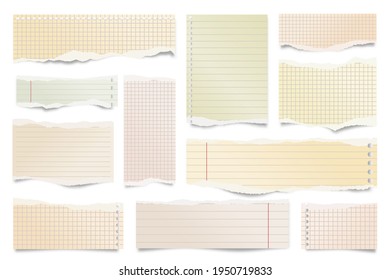 Colorful ripped paper strips isolated on white background. Realistic lined paper scraps with torn edges. Sticky notes, shreds of notebook pages. Vector illustration.