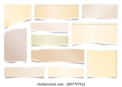 Colorful ripped paper strips isolated on white background. Realistic paper scraps with torn edges. Sticky notes, shreds of notebook pages. Vector illustration.