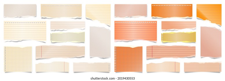 Colorful ripped paper strips isolated on white background. Realistic lined paper scraps with torn edges. Sticky notes, shreds of notebook pages. Vector illustration.
