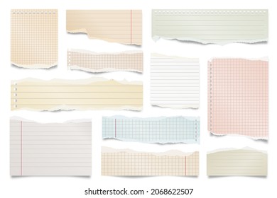 Colorful ripped paper strips isolated on white background. Realistic lined paper scraps with torn edges. Sticky notes, shreds of notebook pages. Vector illustration.