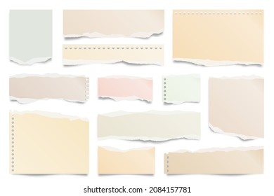 Colorful ripped paper strips isolated on white background. Realistic paper scraps with torn edges. Sticky notes, shreds of notebook pages. Vector illustration.