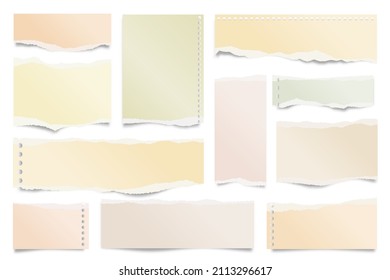 Colorful ripped paper strips isolated on white background. Realistic paper scraps with torn edges. Sticky notes, shreds of notebook pages. Vector illustration.