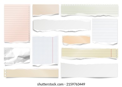 Colorful ripped paper strips isolated on white background. Realistic lined paper scraps with torn edges. Sticky notes, shreds of notebook pages. Vector illustration.