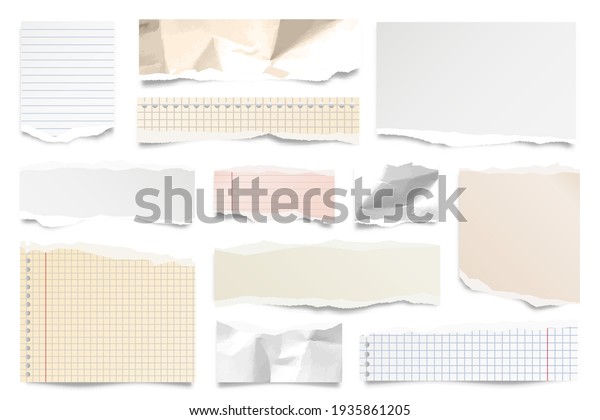 Colorful ripped paper strips
isolated on white background. Realistic lined paper scraps with
torn edges. Sticky notes, shreds of notebook pages. Vector
illustration.