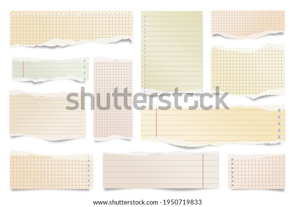 Colorful ripped paper strips\
isolated on white background. Realistic lined paper scraps with\
torn edges. Sticky notes, shreds of notebook pages. Vector\
illustration.