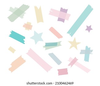 Colorful ripped scotch, sticky tape, torn paper pieces of different size and shape such as strips and stars isolated on white background. Patterns of adhesive tapes cartoon vector illustration set