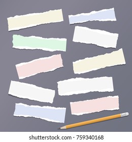 Colorful ripped strips, notebook, note paper with pencil for text or message stuck on dark gray background.