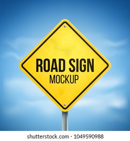 Colorful Road Sign. Blank Yellow Road Sign On A Pole. Empty Traffic Sign Mockup. Highway Sign On The Blue Sky Or Transparent Background.