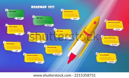 Colorful roadmap with flying space rocket and stickers with copy space for stages on blue background. Timeline infographic template for business presentation. Vector illustration.