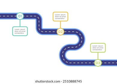 Infografía colorida de la hoja de ruta con el proceso de 3 pasos y el camino curvo, Ilustración vectorial