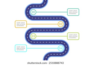 Infografía colorida de la hoja de ruta con el proceso de 4 pasos y el camino curvo, Ilustración vectorial