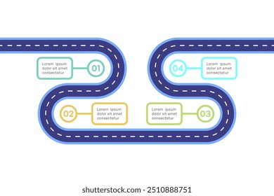 Infografía colorida de la hoja de ruta con el proceso de 4 pasos y el camino curvo, Ilustración vectorial