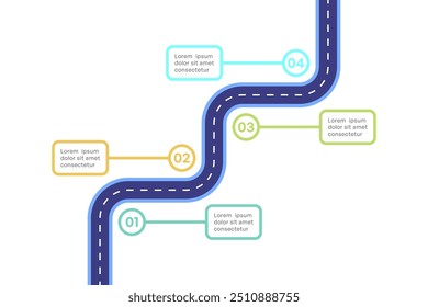 Infografía colorida de la hoja de ruta con el proceso de 4 pasos y el camino curvo, Ilustración vectorial