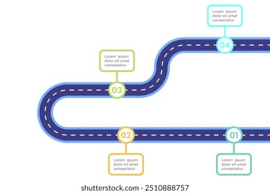 Infografía colorida de la hoja de ruta con el proceso de 4 pasos y el camino curvo, Ilustración vectorial