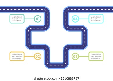 Infografía colorida de la hoja de ruta con el proceso de 4 pasos y el camino curvo, Ilustración vectorial