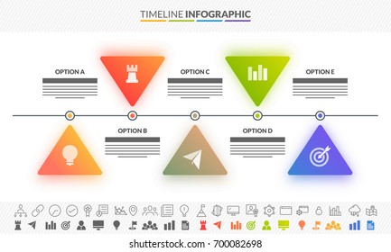 Escala de tiempo de la hoja de ruta colorida Diseño de infografías con 5 pasos y dos variaciones de iconos.