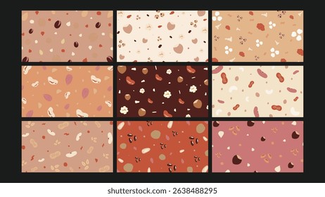 Colorful roasted nuts, popcorn, seeds, cookies, and dried snacks on soft-toned backgrounds. Perfect for food branding, packaging design, or digital culinary visuals.