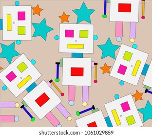 Colorful Robot with brown background. Decorative wallpaper, good for printing. Overlapping backdrop with personal retro device in modern style.