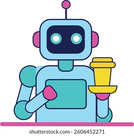 Colorful robot with a cup of coffee.