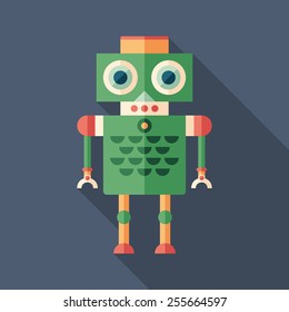 Colorful robot flat square icon with long shadows. Set 20