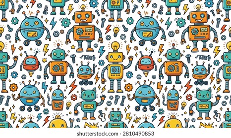 Colorful robot pattern. Cartoon tech design. Seamless background texture.