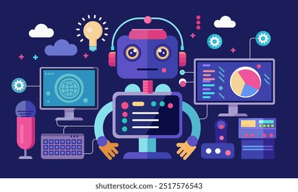 A colorful robot surrounded by machines vector image.
