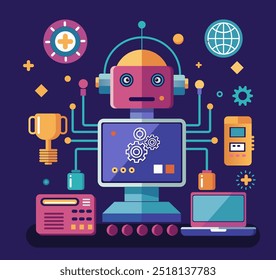 A colorful robot surrounded by machines vector image.