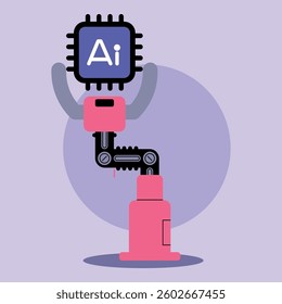 Colorful robotic arm extending chip labeled with AI. Technologys advancement in artificial intelligence concept